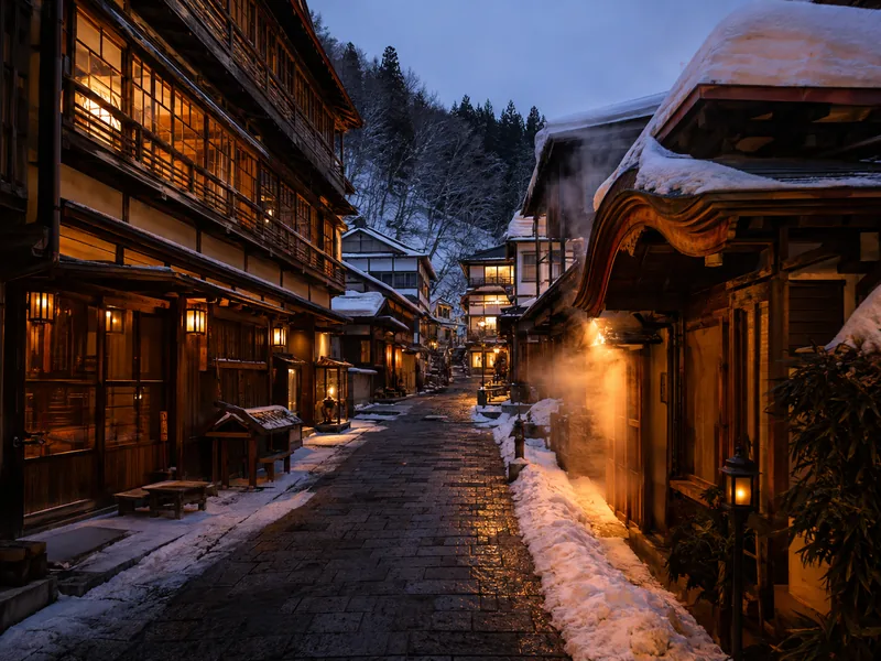 Hölzerne Ryokan an der Straße in Shibu Onsen